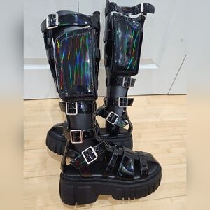 Dolls kill Holographic Oil slick black Club Exx Stage Diver Gladiator Sandals 9